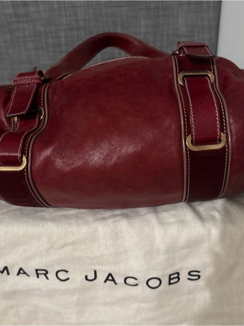 Marc Jacobs Distressed Leather Handbag in Deep Burgundy